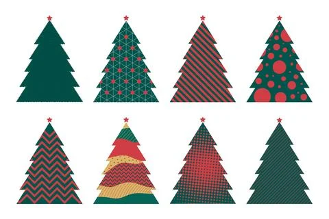 Set of Christmas trees with various geometric patterns. Vector illustration Stock Illustration