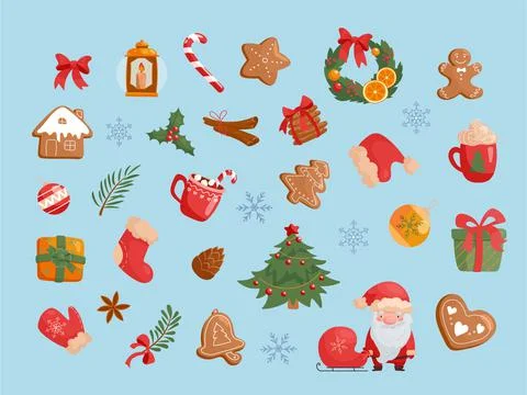 Set of Christmas vector illustrations in cartoon style. Isolated on a blue Stock Illustration