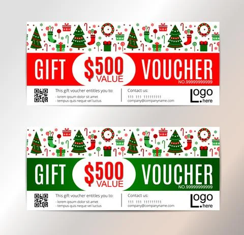 Set of Christmas voucher template with flat holiday icons. Vector illustration Illustrazione stock