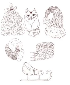 Set of christmas winter elements, graphic black and white drawing on a white  Stock Illustration