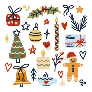 Set Christmas winter holiday elements, cartoon bell, candy, holly, tree vector Illustrazione stock
