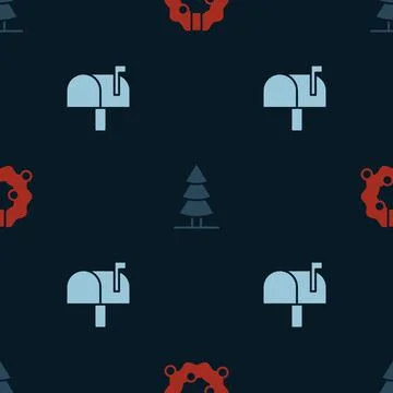 Set Christmas wreath, tree and Mail box on seamless pattern. Vector Stock Illustration
