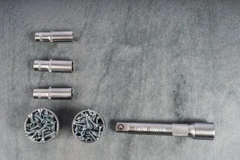 Set of chrome vanadium socket wrench and screwdriver bits Stock Photos