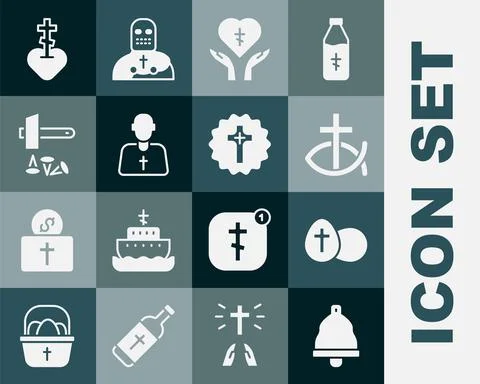 Set Church bell, Easter egg, Christian fish, Religious cross in heart, Priest 스톡 일러스트