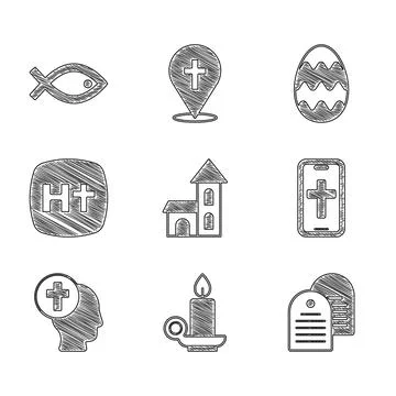 Set Church building, Burning candle candlestick, Holy bible book, Christian Illustrazione stock