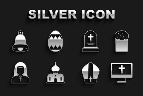 Set Church building, Easter cake, Christian cross on monitor, Pope hat, Nun Ilustración de archivo