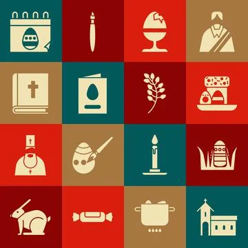 Set Church building, Easter egg, cake and eggs, Chicken on stand, Greeting card Ilustración de archivo