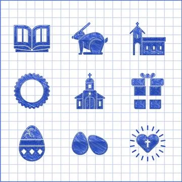 Set Church building, Easter eggs, Christian cross and heart, Gift box, Crac.. 스톡 일러스트
