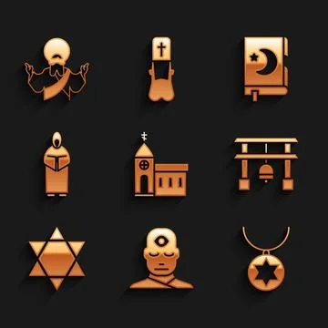 Set Church building, Man with third eye, Star of David necklace on chain, Japan Ilustración de archivo