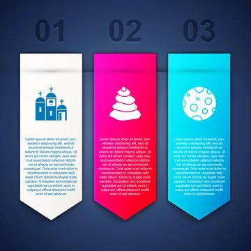 Set Church building, Stack hot stones and Moon. Business infographic template Illustrazione stock