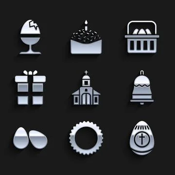 Set Church building, Sun, Easter egg, Ringing bell, eggs, Gift box, Basket with Illustrazione stock