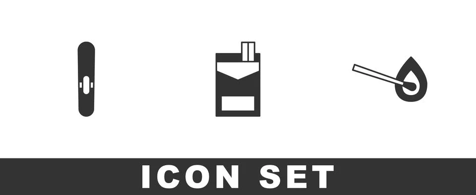 Set Cigar, Cigarettes pack box and Burning match with fire icon. Vector Stock Illustration