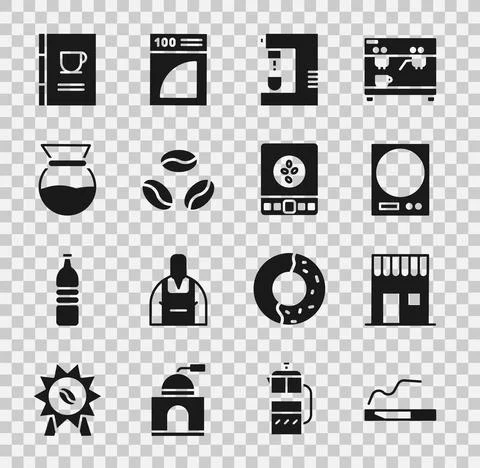 Set Cigarette, Coffee shop, Electronic scales, machine, beans, Pour over coffee Ilustração Stock