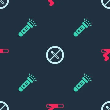 Set Cigarette, No fire match and Flashlight on seamless pattern. Vector Stock Illustration