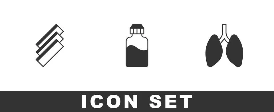 Set Cigarette rolling papers, Vape liquid bottle and Lungs icon. Vector Stock Illustration
