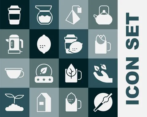 Set Cigarette, Tea leaf in hand, Cup of tea with rose, bag, Lemon, Electric Illustration