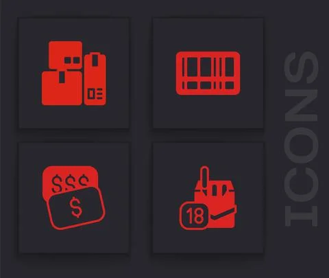 Set Cigarettes pack box, Cash register machine, Barcode and New price tag dollar Stock Illustration