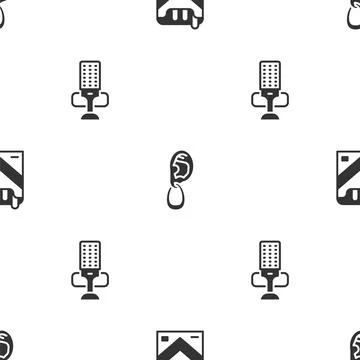 Set Cigarettes pack box, Ear with earring and Microphone on seamless pattern Stock Illustration