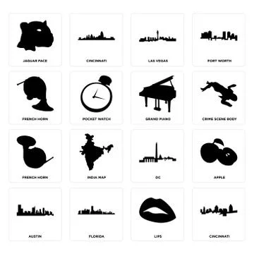 Set of cincinnati, lips, austin, dc, french horn, grand piano, las vegas, jag Illustrazione stock gratuita