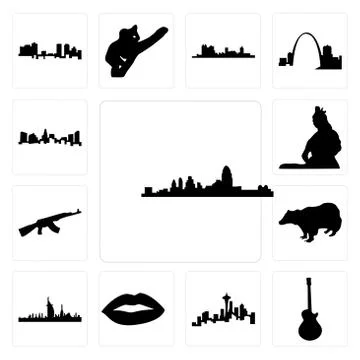 Set of cincinnati skyline, image les paul, seattle skyline on white backgroun Selección de ilustraciones gratis