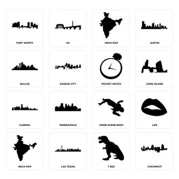 Set of cincinnati, t rex, india map, crime scene body, florida, pocket watch, Selección de ilustraciones gratis