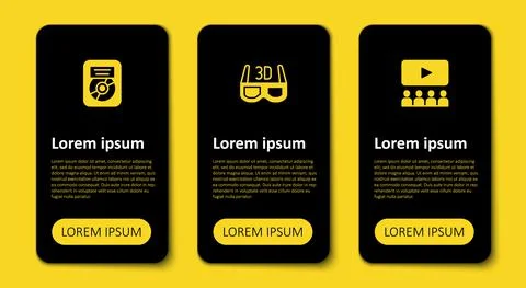 Set Cinema auditorium with screen, 3D cinema glasses and CD disk award frame Illustrazione stock