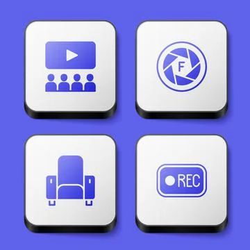 Set Cinema auditorium with screen, Camera shutter, chair and Record button icon Stock Illustration