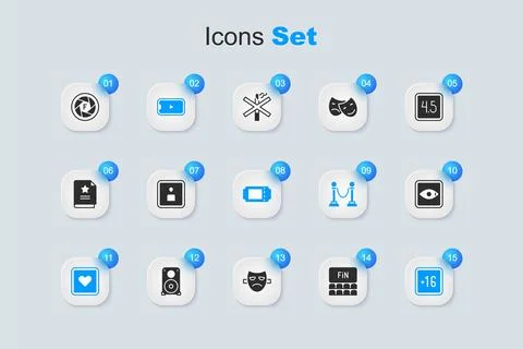 Set Cinema auditorium with screen, Play Video, Online play video, Like hear.. Stock Illustration