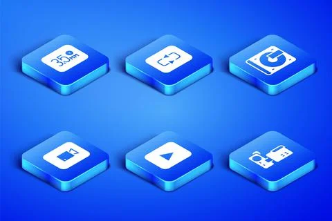 Set Cinema camera, Audio jack, Play button, video, Repeat and Vinyl player with Stock Illustration