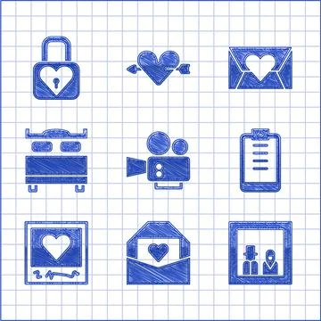 Set Cinema camera, Envelope with Valentine heart, Family photo, Clipboard イラスト素材