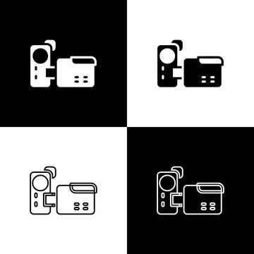 Set Cinema camera icon isolated on black and white background. Video camera Stock Illustration