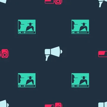 Set Cinema camera, Megaphone and Online play video on seamless pattern. Vector イラスト素材