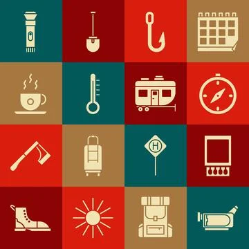 Set Cinema camera, Open matchbox and matches, Compass, Fishing hook, Meteor.. Stock Illustration
