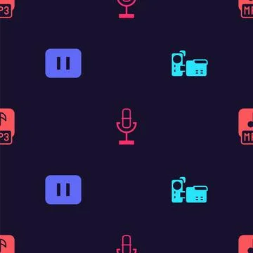 Set Cinema camera, Pause button, Microphone and MP3 file on seamless patter.. Stock Illustration