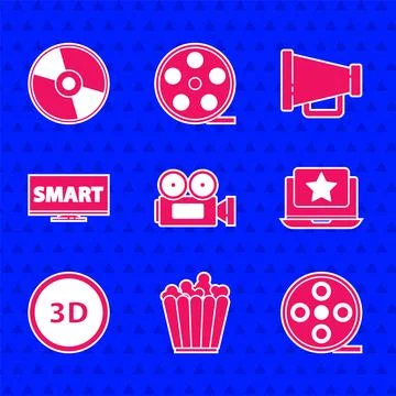 Set Cinema camera Popcorn box Film reel Laptop with star 3D word Screen tv Sm イラスト素材