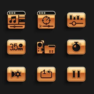 Set Cinema camera, Repeat track music player, Pause button, Stopwatch, Music or Stock Illustration