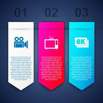 Set Cinema camera, Retro tv and 8k Ultra HD. Business infographic template. V Stock Illustration