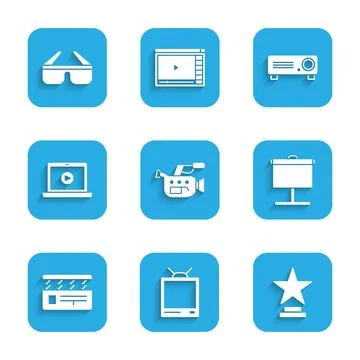 Set Cinema camera, Retro tv, Movie trophy, Projection screen, clapper, Onli.. Stock Illustration