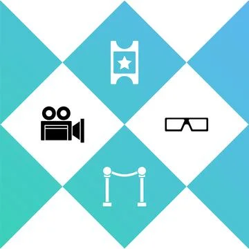 Set Cinema camera, Rope barrier, ticket and 3D cinema glasses icon. Vector Stock Illustration