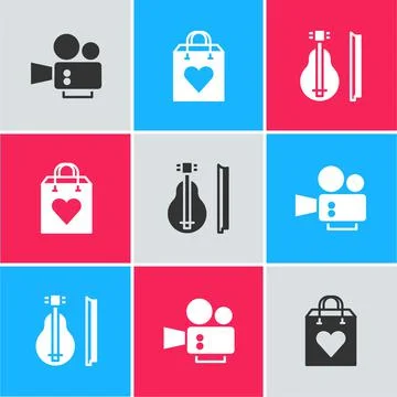 Set Cinema camera, Shopping bag with heart and Violin icon. Vector 스톡 일러스트