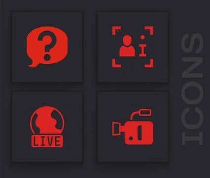 Set Cinema camera, Speech bubble chat, Television report and Live icon. Vector 스톡 일러스트