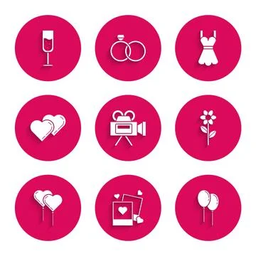 Set Cinema camera, Two blanks photo frames and hearts, Balloons with ribbon.. Stock Illustration