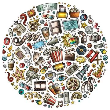 Set of Cinema cartoon doodle objects Illustrazione stock