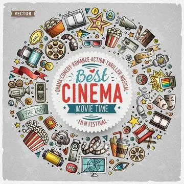 Set of Cinema cartoon doodle objects Stock Illustration