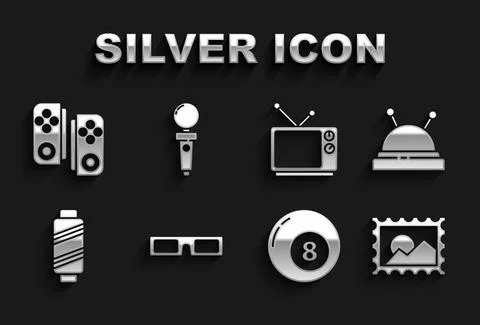 Set Cinema glasses, Needle bed and needles, Postal stamp, Billiard pool snooker Stock Illustration