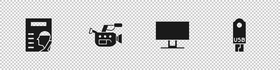 Set Cinema poster, camera, Smart Tv and USB flash drive icon. Vector Illustrazione stock