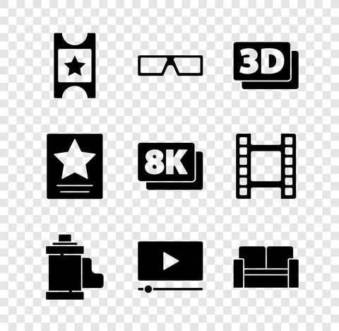 Set Cinema ticket, 3D cinema glasses, word, Camera film roll cartridge, Online Illustrazione stock