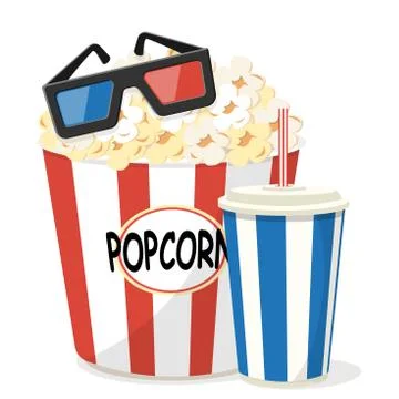 Set of cinematography elements - 3d glasses, popcorn and soda. Stock Illustration