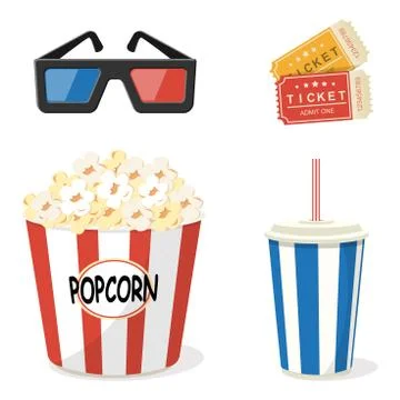 Set of cinematography elements - 3d glasses, tickets, popcorn and soda. Stock Illustration