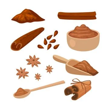 Set of cinnamon kit collection with cinnamon sticks roll, powder, spoon, st.. Stock Illustration